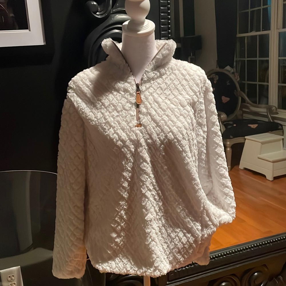 White fluffy Simply Southern quarter zip